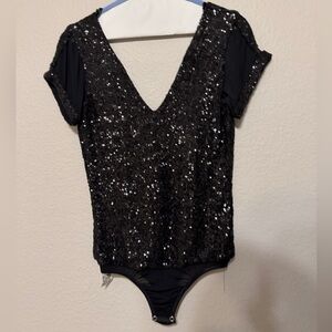 bebe Black Sequin V-Neck Bodysuit